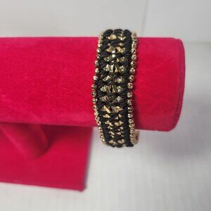 Stella & Dot Black & Gold Beaded Bracelet With Chain Clasp